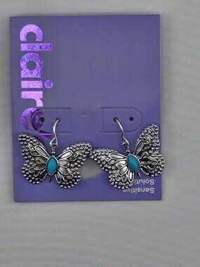 Claire’s Silver Tone Butterfly Drop Earrings Turquoise Blue NWT